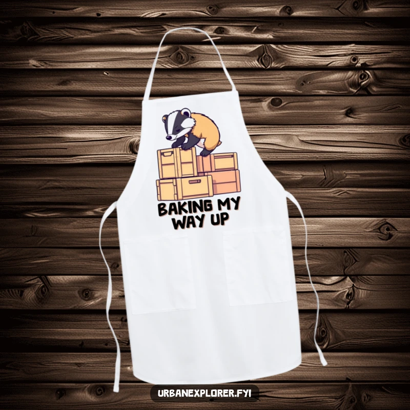 Funny badger character climbing stacked crates with determination, ready for kitchen challenges, a funny gift apron.