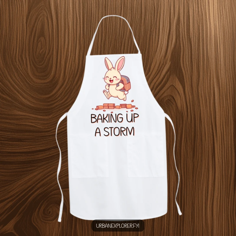 Funny smiling bunny with a backpack, leaping over tiny scattered bricks, a humorous apron for kitchen endeavors.