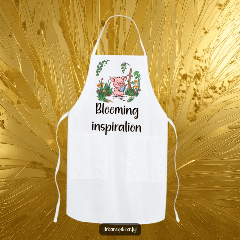 Funny Pig Apron: A goofy cartoon pig wearing an apron, sketching an overgrown garden, bringing kitchen humor.