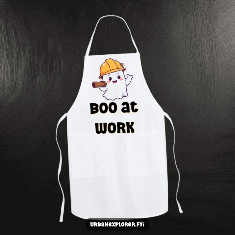Funny ghost apron, hard hat explorer, smiling spirit, kitchen wear, humorous gift for chef.
