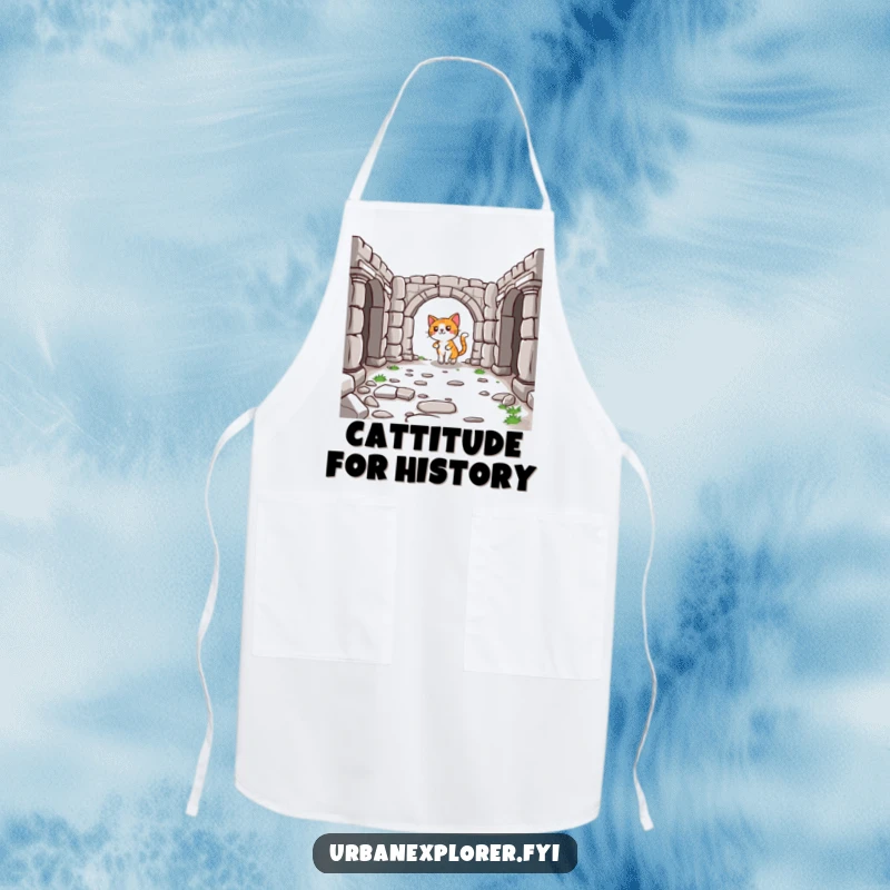 Funny Cat Apron: A lighthearted cartoon cat wearing an apron, exploring the ruins of a historical place, bringing kitchen humor.