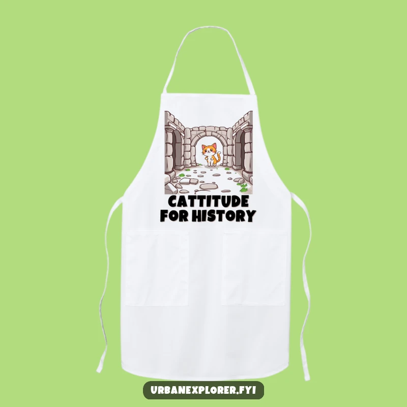 Funny Cat Explorer Apron: Historical Ruins Style, a Kitchen Humor Gift