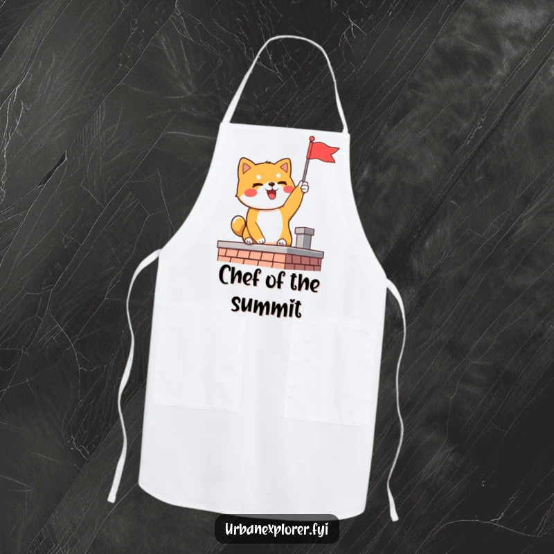 Funny Shiba Inu apron showing a delighted dog planting a flag on a rooftop, inspiring kitchen victories.