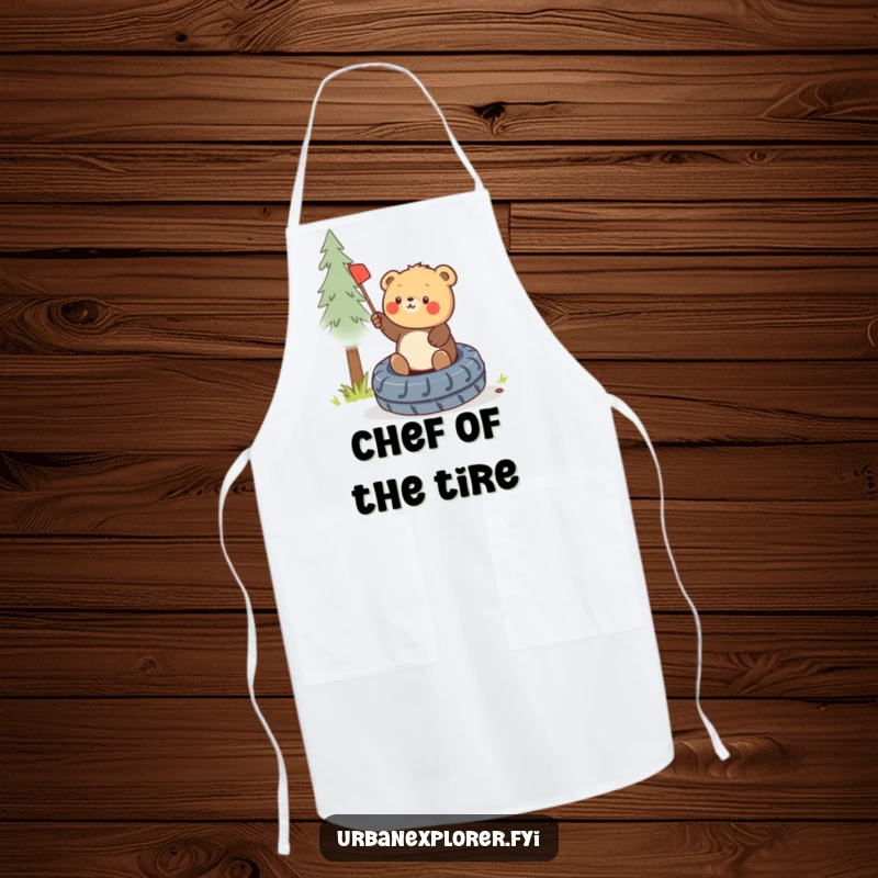 Funny round bear cub planting a flag on a tire, printed on a durable apron for cooking.