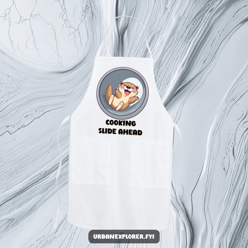 Funny joyful otter with a wide grin, sliding down a drainage pipe, a humorous apron for kitchen adventures.