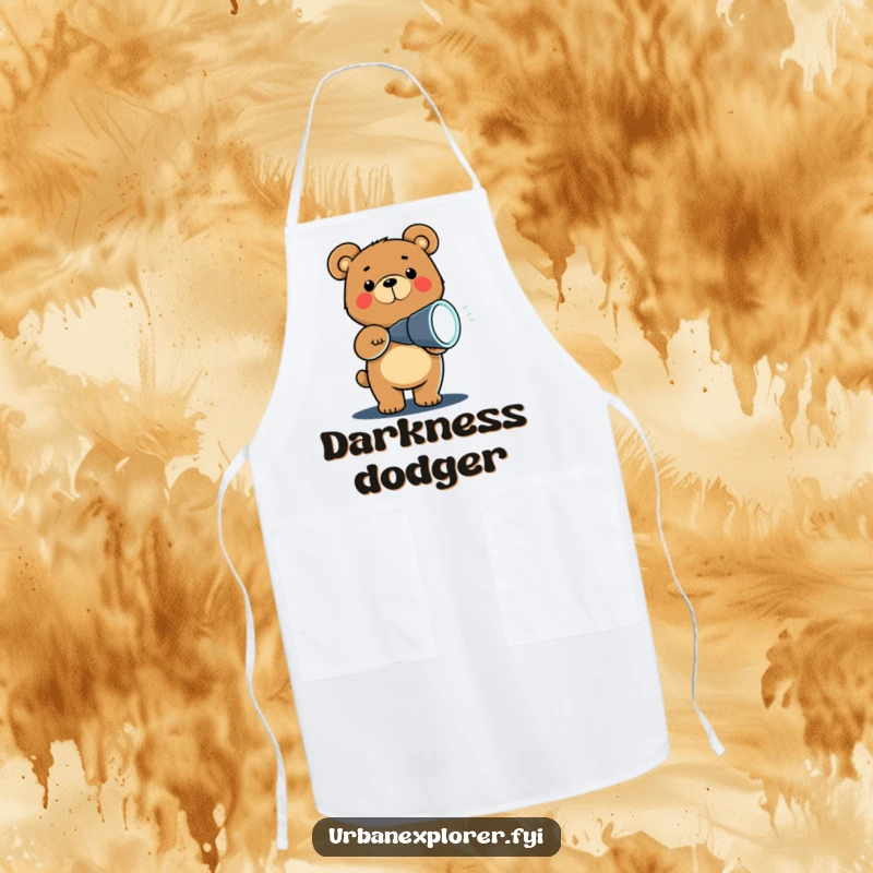 Funny Chibi bear with a flashlight in the dark, on a chef's apron, ready to cook up humor and delicious meals.