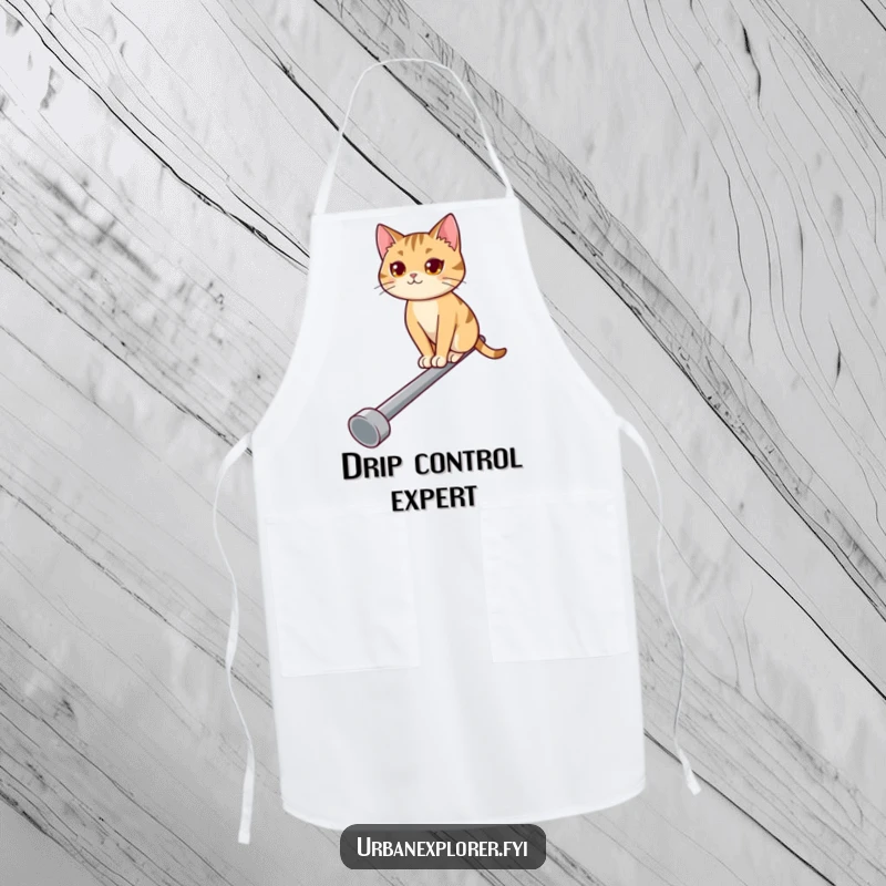 Funny apron showcasing a determined cat masterfully balancing on a narrow pipe while cooking, a humorous kitchen accessory.