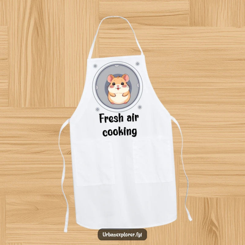 Funny, cheerful hamster peeking out from a ventilation shaft, on a chef's apron.