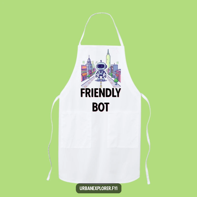 Funny Pixel Robot City Apron: Cartoon Chef Wear for Techy Cooks