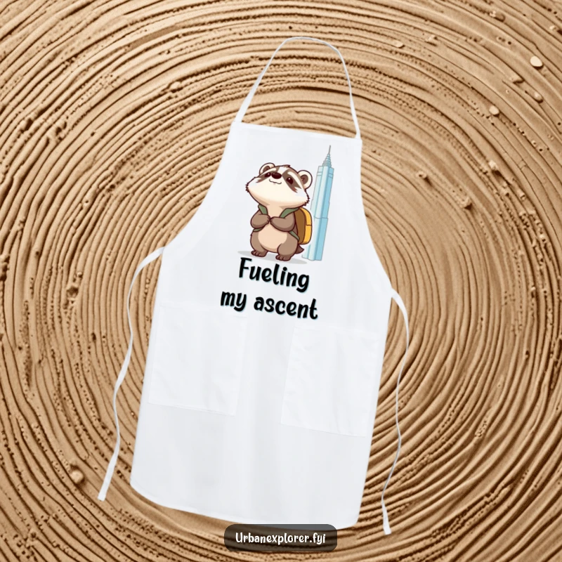 Funny Kawaii badger with a backpack, looking up at a skyscraper, printed on a durable chef apron.