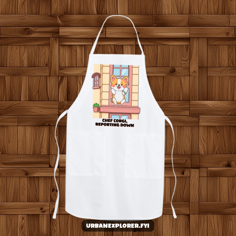 Funny corgi apron, a fluffy corgi enthusiastically rappelling down a stylized building facade, a humorous cooking accessory.