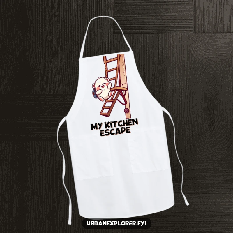 Funny fluffy creature with a backpack sliding down a fire escape, printed on a durable apron for kitchen activities.