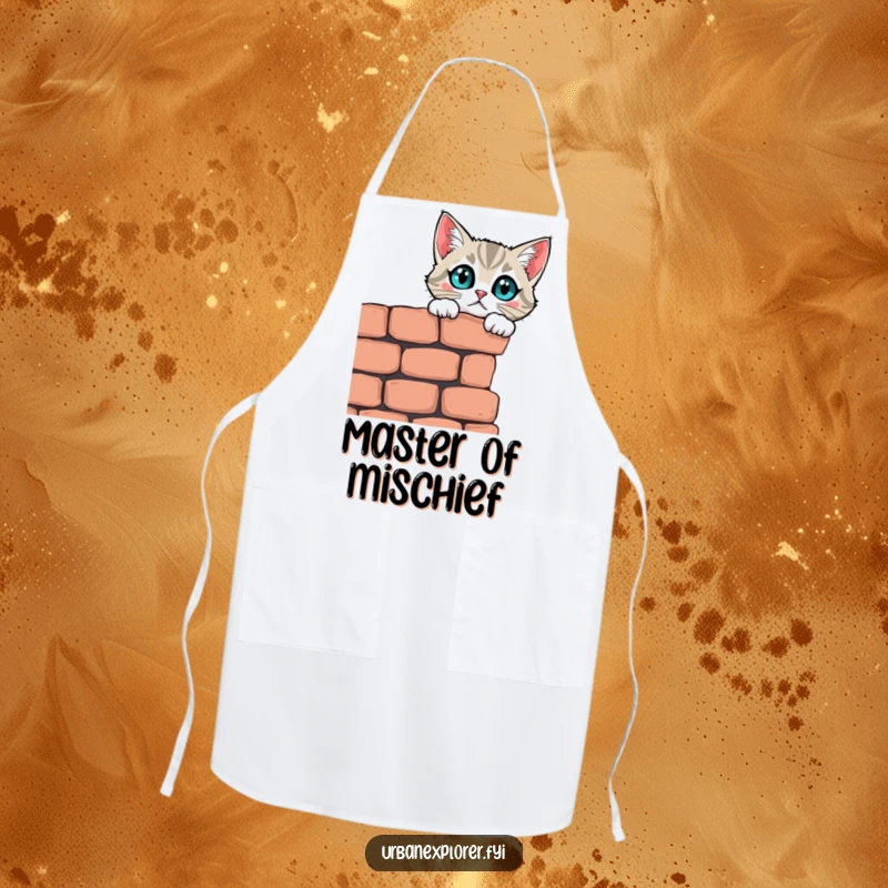 Funny curious cat peering over a crumbling brick wall on a practical and humorous apron, great for kitchen fun.