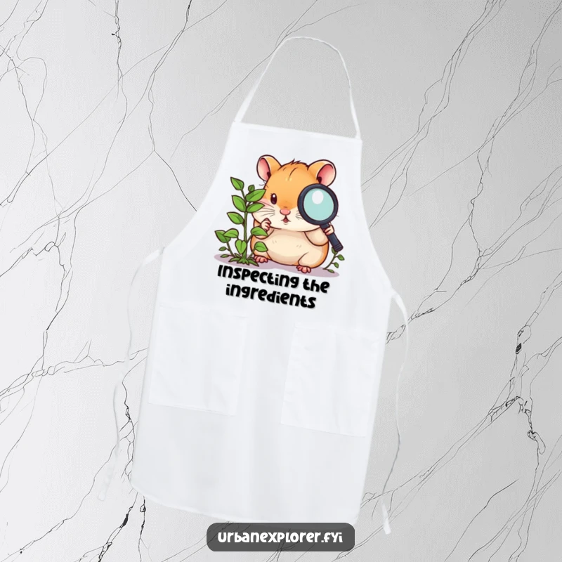 Funny hamster apron, a curious hamster with a magnifying glass, examining a tiny overgrown weed, a humorous cooking accessory.