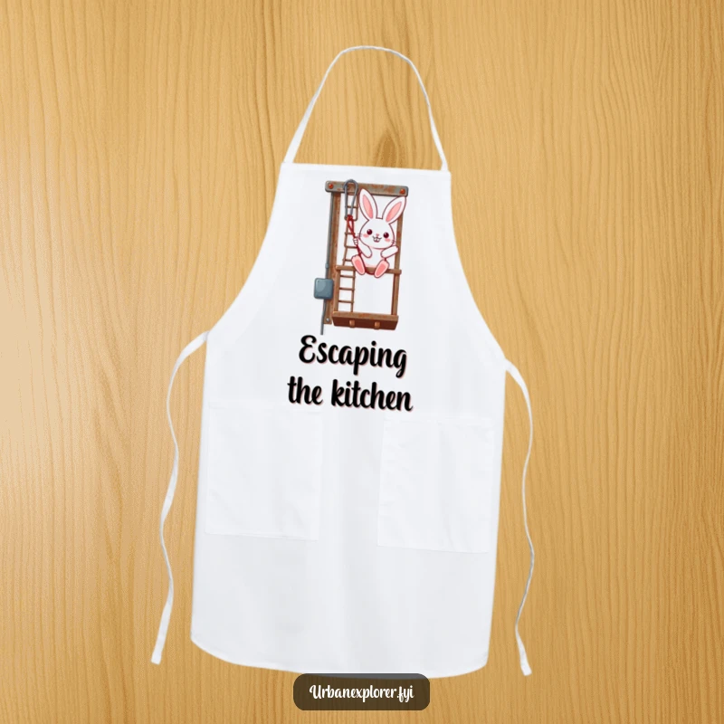 Funny Kawaii Bunny Apron, cute rabbit rappelling down a fire escape, stylish kitchen wear, excellent funny gift.