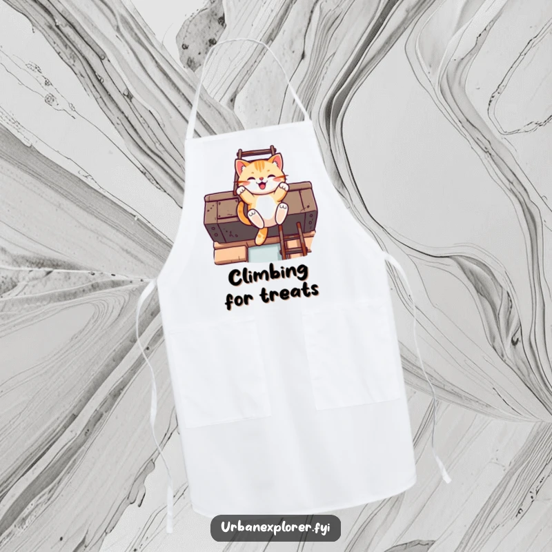 Funny Kawaii cat apron with a cat swinging from a fire escape ladder, ready for kitchen fun.