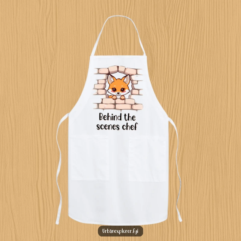 Funny Kawaii Fox Apron, cute fox peeking at a brick wall, kitchen fun and protection, excellent funny gift.
