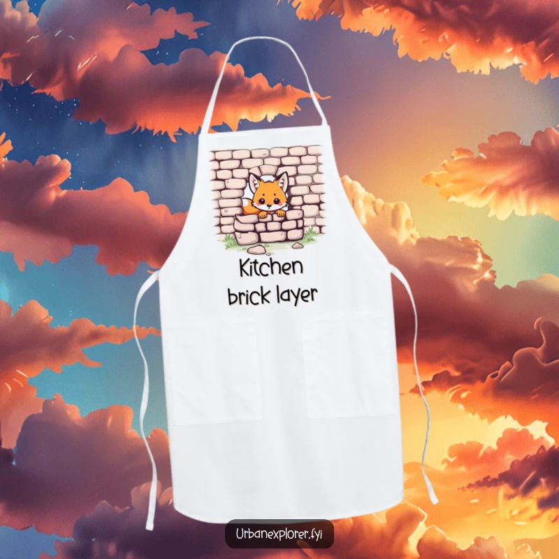 Funny Kawaii fox apron with a cute fox peeking from behind a brick wall, perfect for culinary fun.