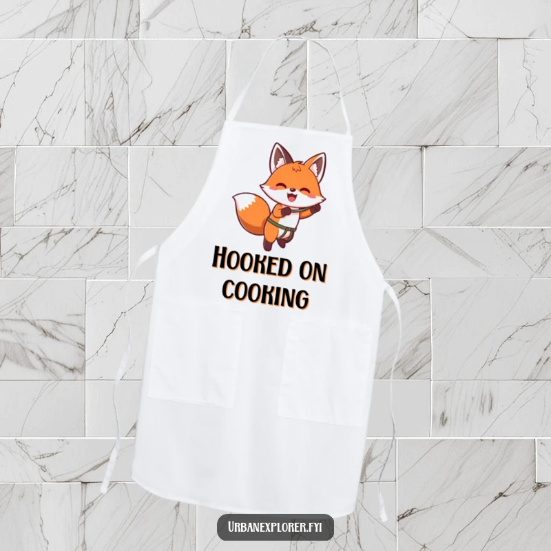 Funny kawaii apron showing an enthusiastic fox using a grappling hook to ascend a wall, perfect for kitchen expeditions.