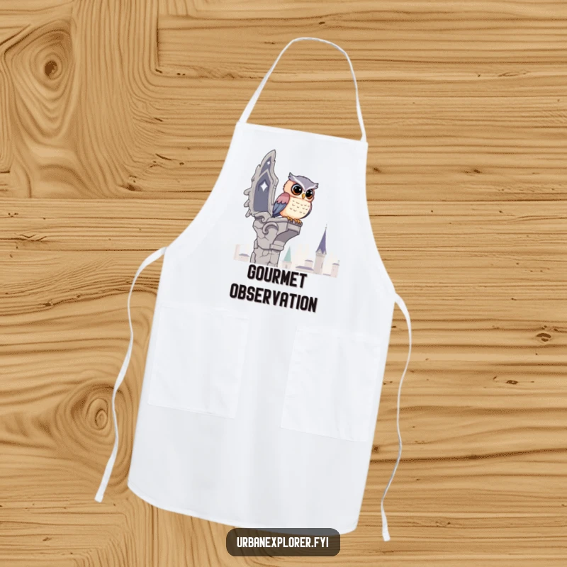 Funny Kawaii Owl Apron: A cute owl surveys the city from a crumbling gargoyle, bringing humorous watchfulness to your kitchen.