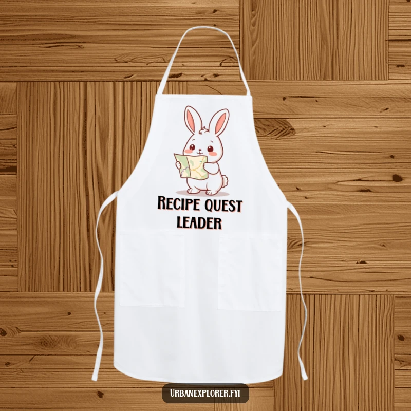 Funny Kawaii rabbit apron with a rabbit holding a map and pointing forward, ready for kitchen adventures.