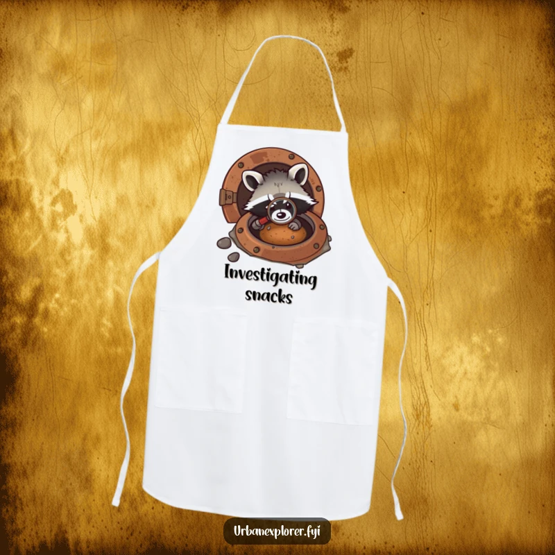 Funny kawaii apron showing a raccoon with a magnifying glass inspecting a rusty manhole, perfect for kitchen sleuthing.