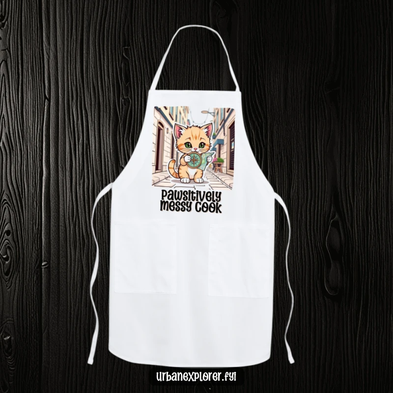 Funny Kitten Chef Apron: Kitten with compass on a city map, ready for culinary adventures, a humorous and practical funny gift.