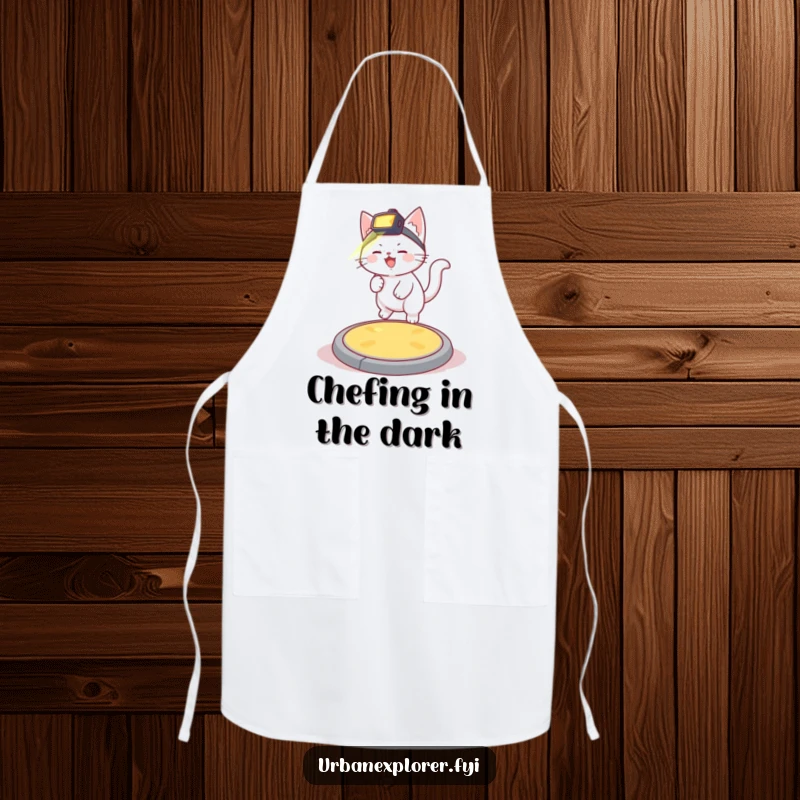 Funny giggling white kitten with a headlamp bouncing on a manhole cover, featured on a humorous and practical cooking apron.
