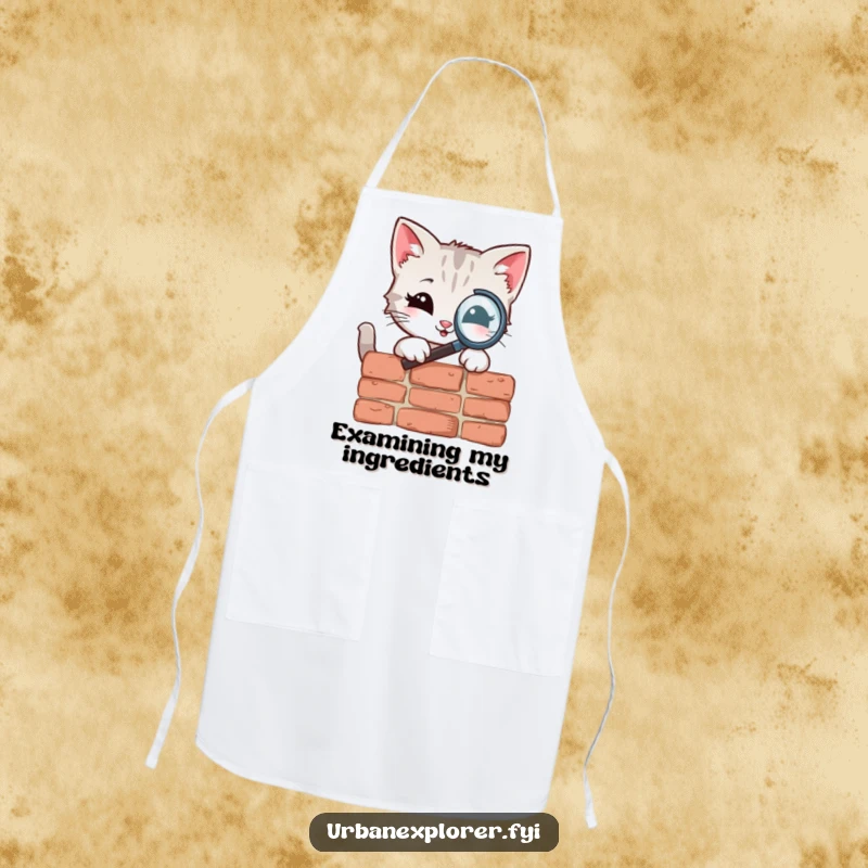 Funny Apron showing a smiling kitten character closely inspecting a brick with a magnifying glass, adding a touch of detective flair to kitchen tasks.