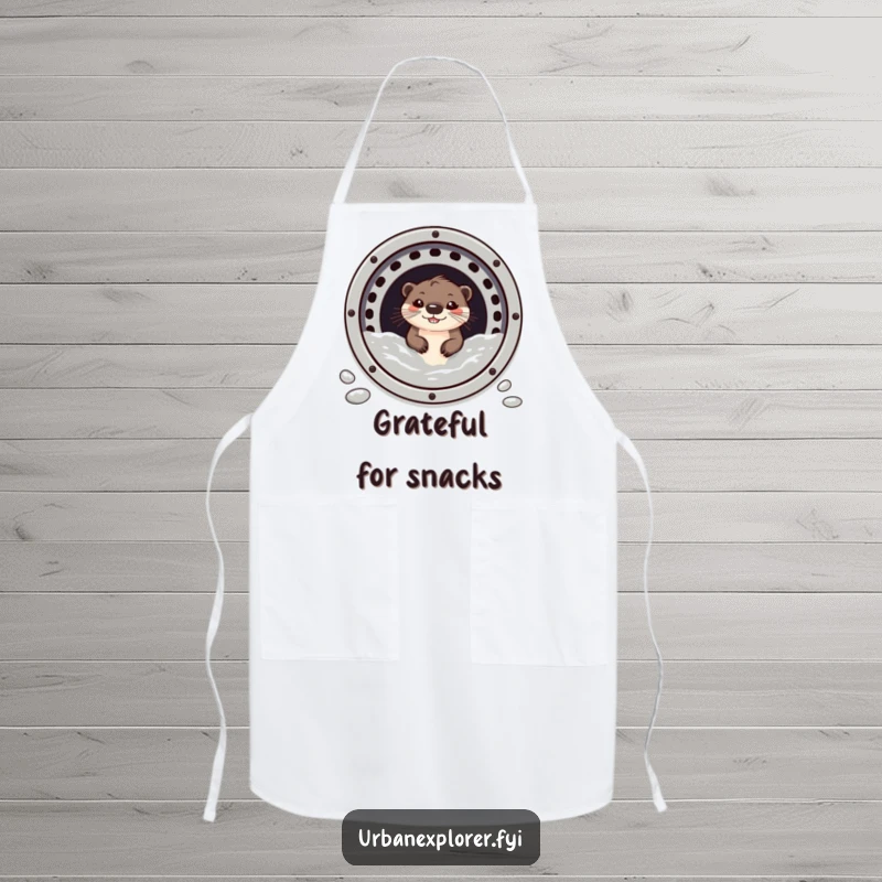 Funny otter with a mischievous grin, peeking out from a sewer grate, on a chef's apron.