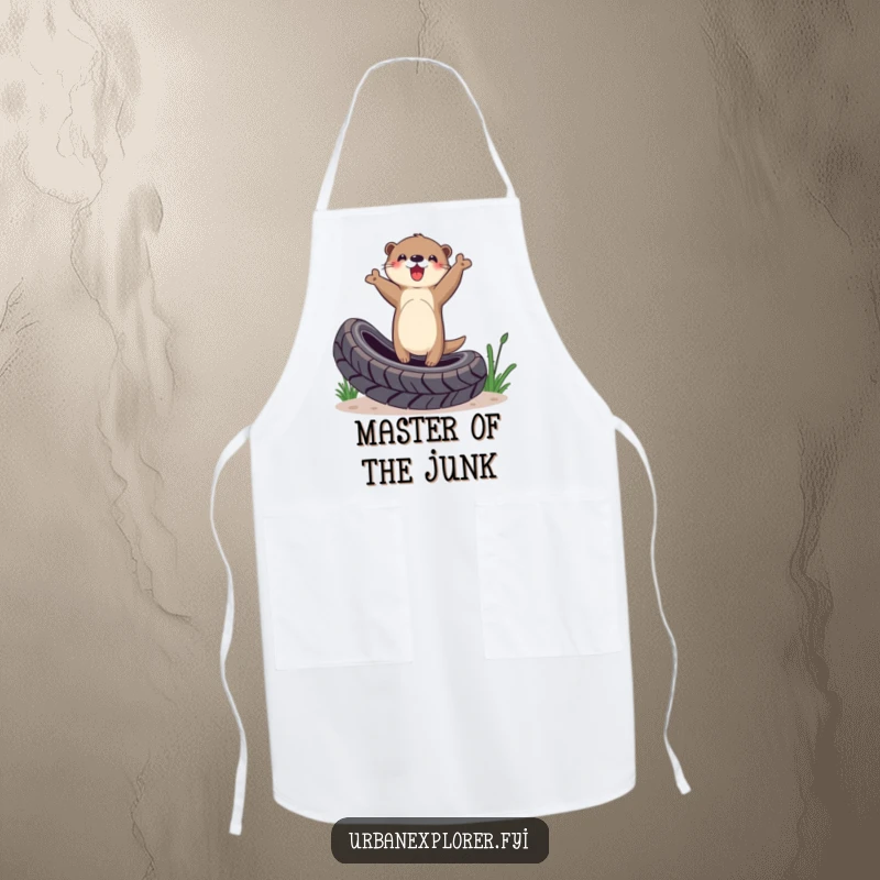 Funny Otter Apron: Otter balancing on a tire with a triumphant pose, adding humor to cooking and kitchen tasks.