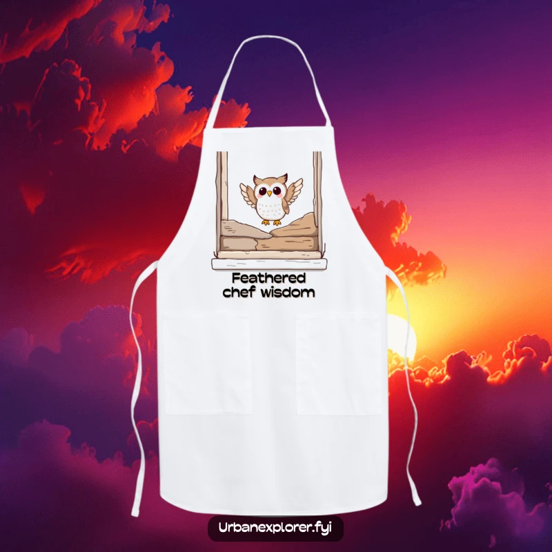 Funny owl apron featuring a joyful owl landing on a window ledge, perfect for adding humor to cooking sessions.