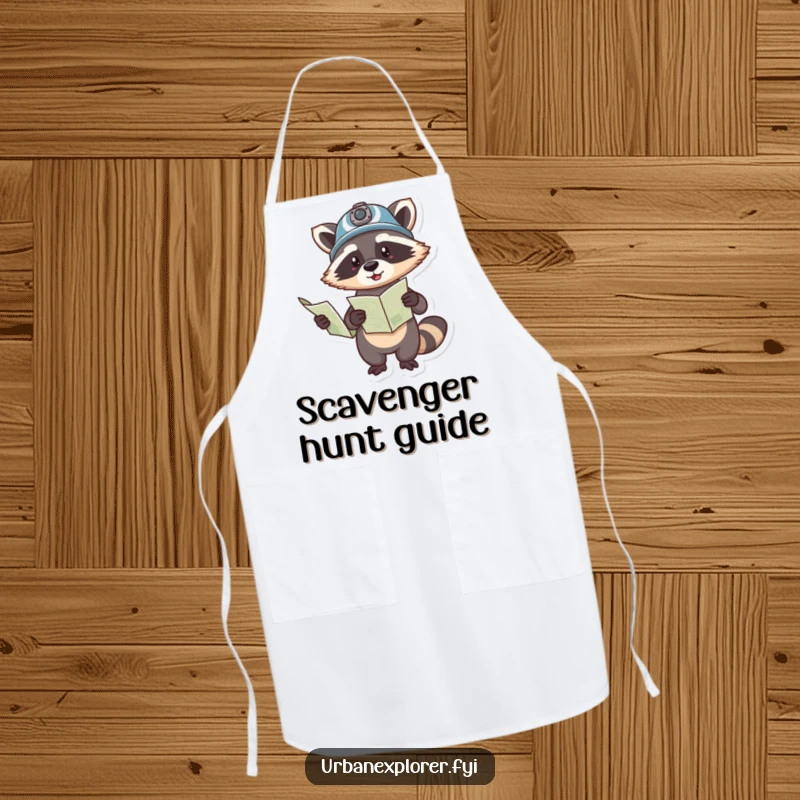 Funny apron showing a raccoon in a helmet holding a map and pointing, ready to lead a culinary expedition.