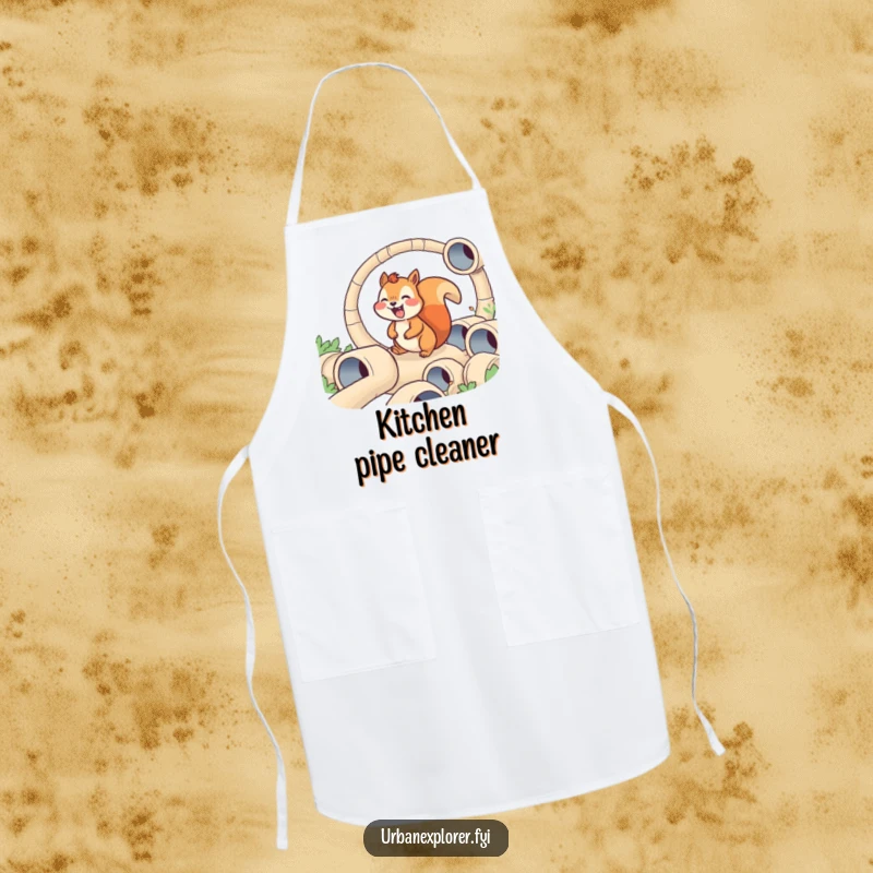 Funny apron featuring a joyful squirrel navigating a maze of tiny pipes, designed for cooks who love a humorous kitchen theme.