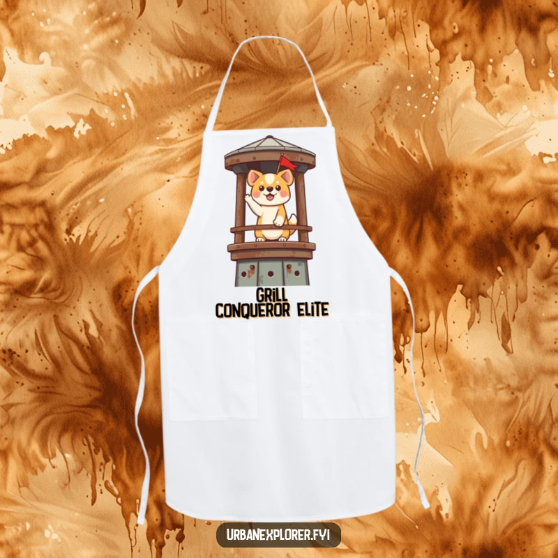 Funny Kawaii Dog Apron: A cute dog triumphantly plants a flag on a rusty water tower, bringing humorous victory to your kitchen.