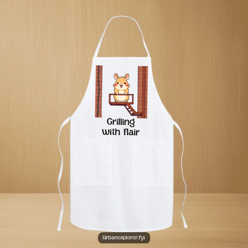 Funny apron depicting a happy capybara character balancing on a fire escape, ready to handle any kitchen chaos.