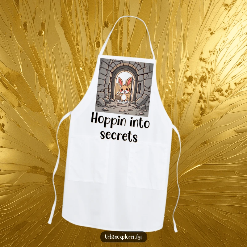 Funny Rabbit Apron: A silly cartoon rabbit wearing an apron, discovering a hidden doorway in an abandoned city, bringing kitchen humor.