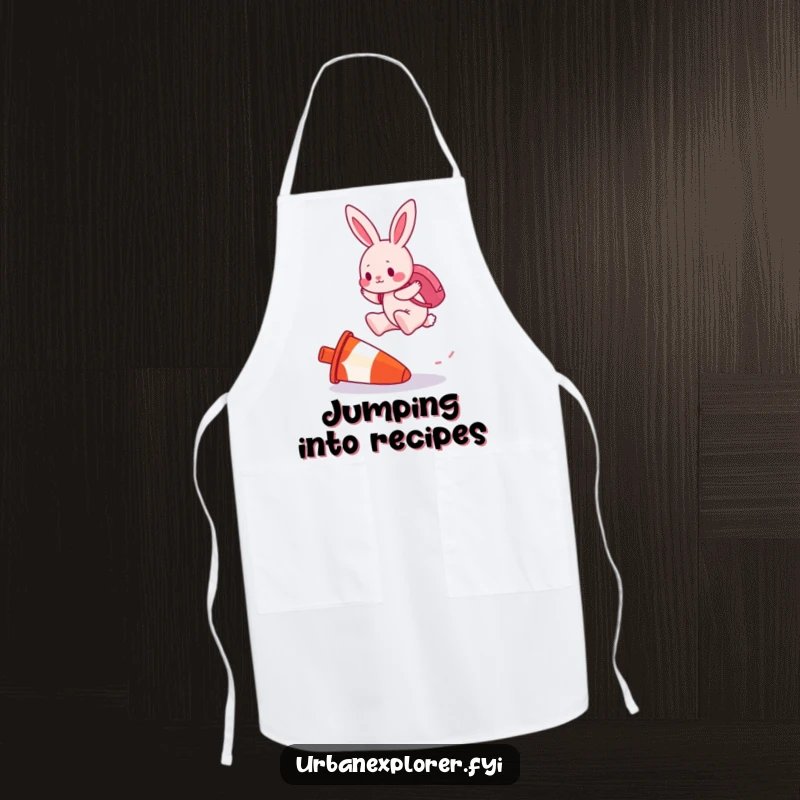 Funny apron showing a determined pink bunny with a backpack, jumping over an upside-down traffic cone.