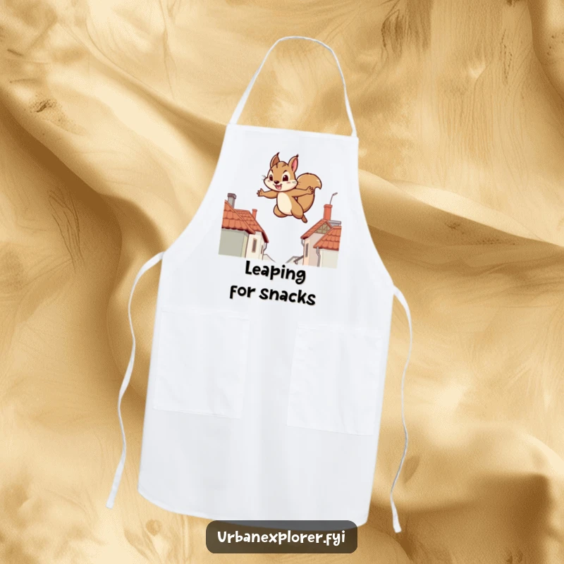 Funny apron featuring a determined squirrel leaping between rooftops, a humorous accessory for the kitchen.