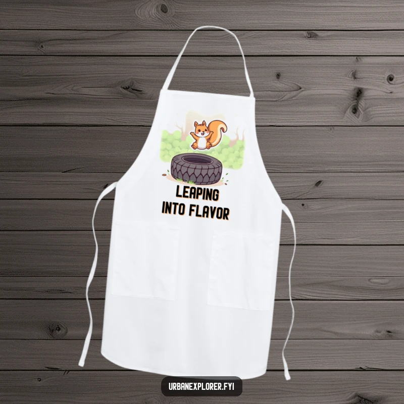 Funny Kawaii Squirrel Apron, cute squirrel leaping over a tire, energetic kitchen wear, excellent funny gift.