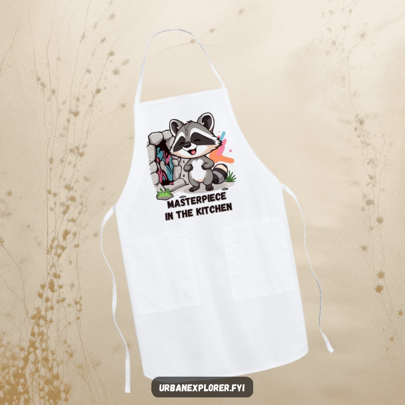 Funny Raccoon Street Art Apron: A giggling raccoon discovering street art, a fun and practical kitchen essential.