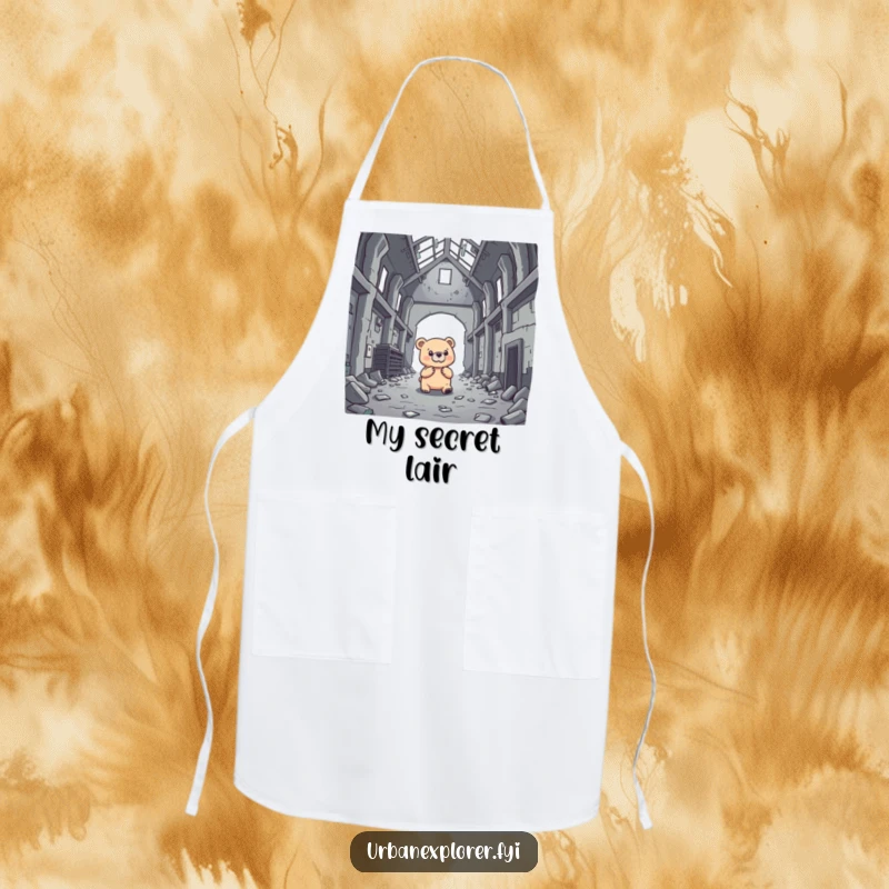 Funny brave bear investigating an abandoned warehouse, ears perked, on a durable kitchen apron.