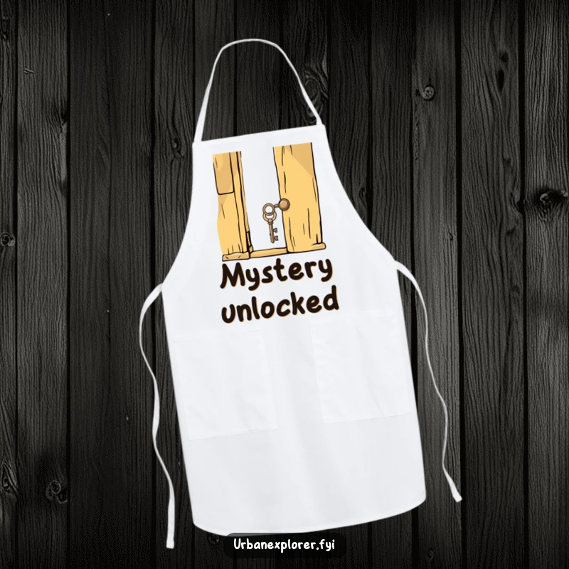 Funny whimsical key poised to unlock a creaky, old door on a kitchen apron, bringing humor to cooking tasks.