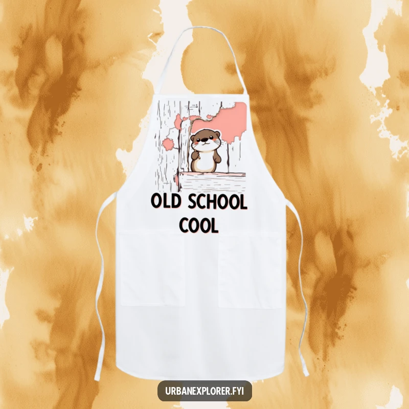 Funny Otter Apron: A cute cartoon otter wearing an apron, sketching peeling paint on a vintage wall, bringing kitchen humor.