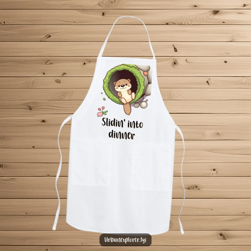 Funny Apron depicting a cheerful otter character sliding down a moss-covered drainpipe, making kitchen duties a fun and stylish affair.