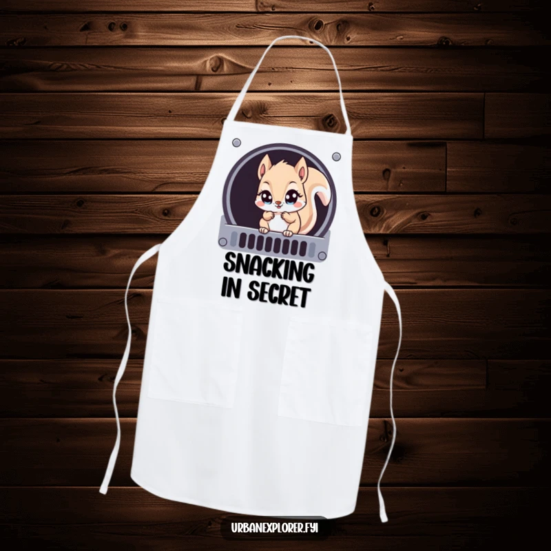 Funny Kawaii squirrel peeking into a ventilation grate, printed on a durable chef apron for a touch of humor.