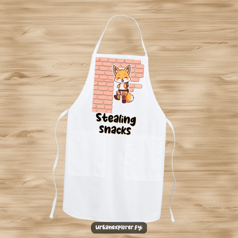 Funny fox apron: a smiling fox wearing tiny boots, rappelling down a brick wall, bringing humor and adventure to cooking.
