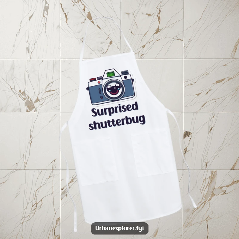 Funny retro camera with surprised cartoon eyes on a kitchen apron, perfect for capturing culinary moments with humor.