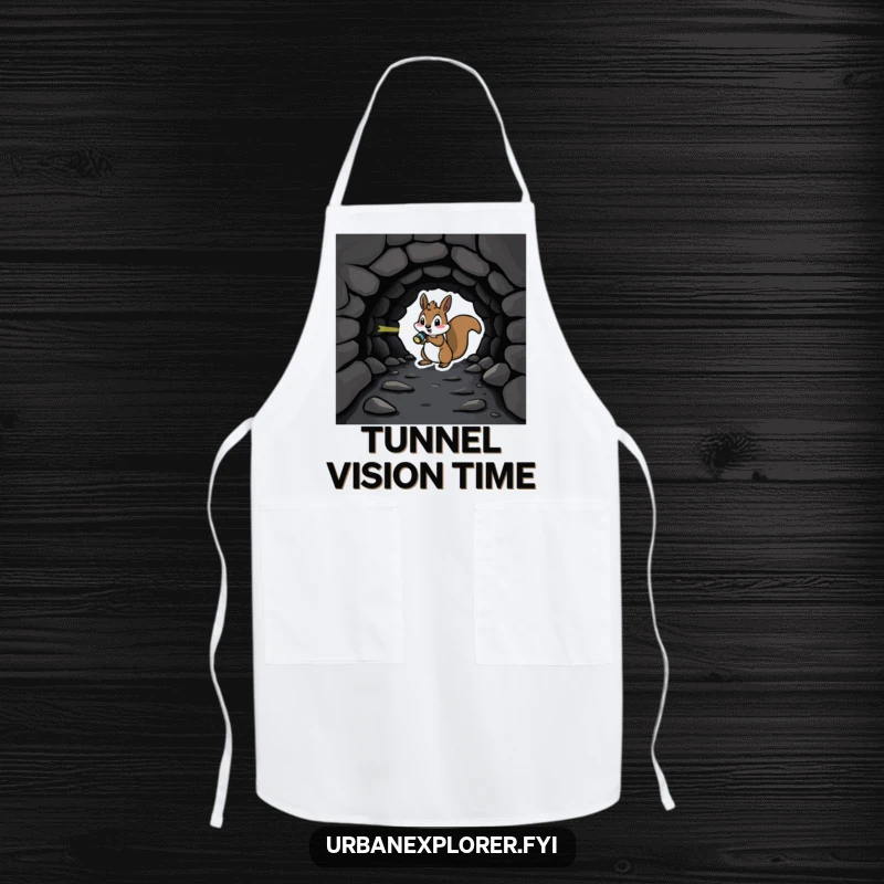 Playful squirrel wearing an apron holds a flashlight in front of a dark tunnel, adding a humorous touch.