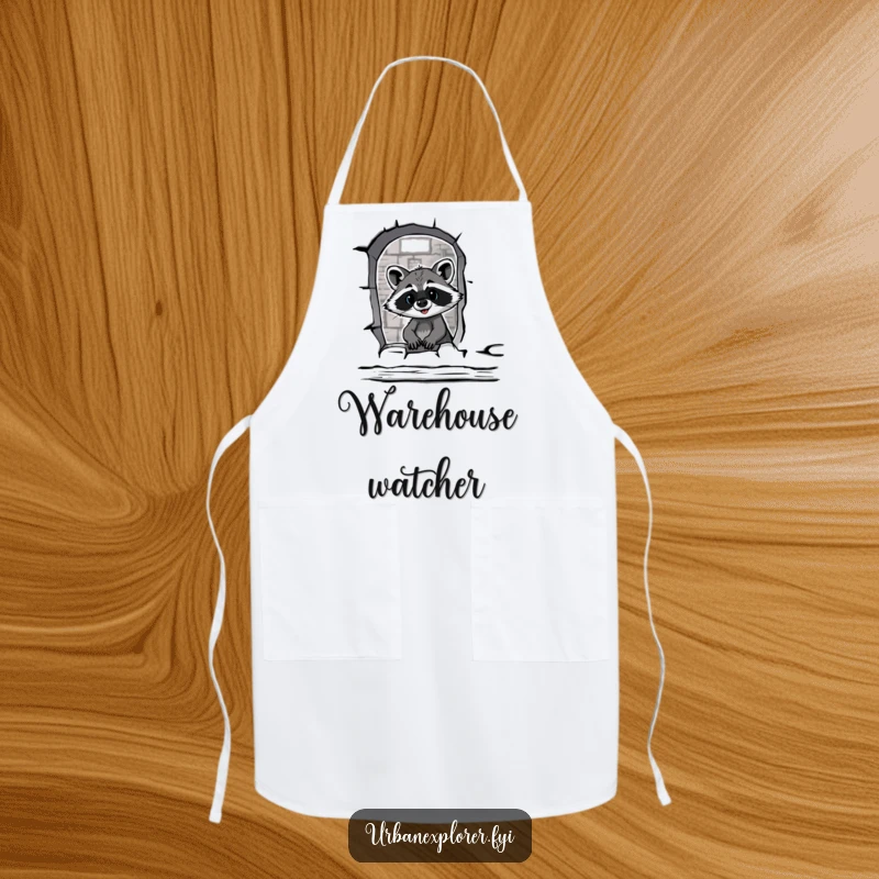 Funny raccoon wearing an apron peeks through a broken warehouse window, adding a humorous touch to the kitchen.